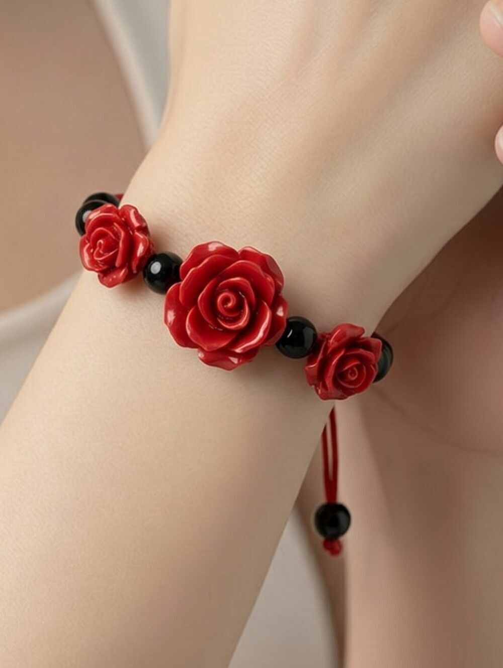 Red Rose Bloom Bracelet Black Beaded Adjustable Floral Coquette Jewelry